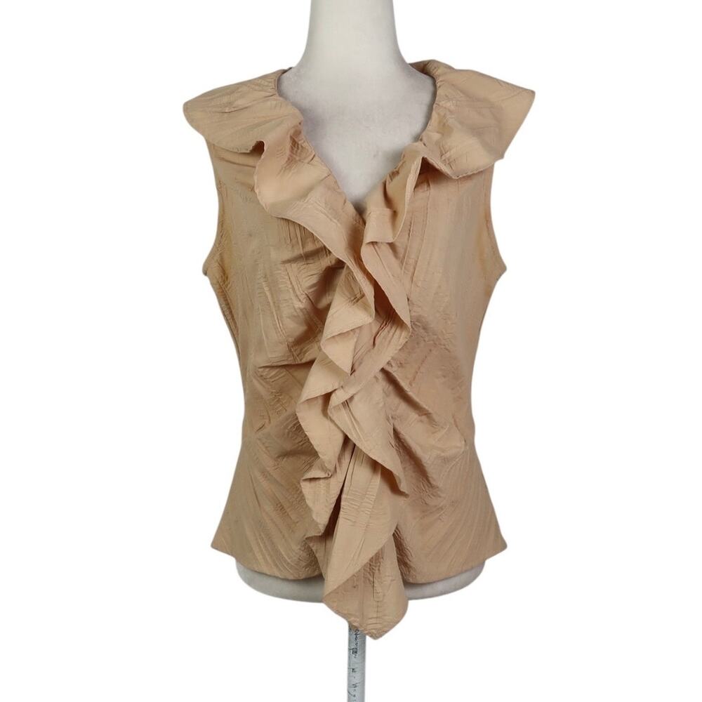 Farinaz Taghavi Tan Ruffle Front Sleeveless Blouse Top 8